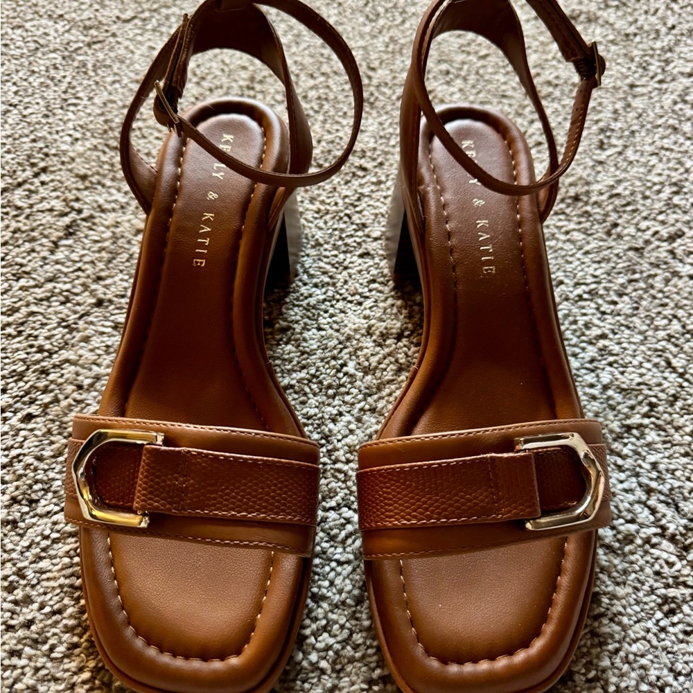 Brown Leather Block Heels by